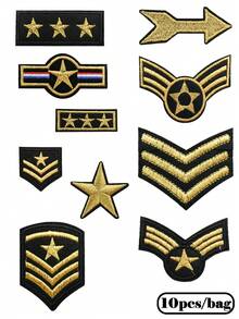 10pcs Vintage Military Style Golden Embroidered Patches, Black Background Star & Arrow Decor Applique, Clothing DIY Accessory Iron-On - Multicolor - View 2