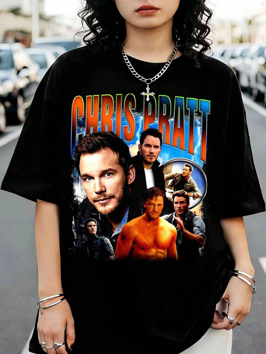 Vintage Chris Pratt T-Shirt, Actor, 90s, Counterfeit, Retro Style J-JurassicS World - Black - View 1