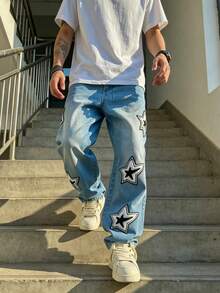 Jeans rectos de pierna ancha con estampado de letras lavados y desgastados para hombres - Azul lavado medio - Ver 7
