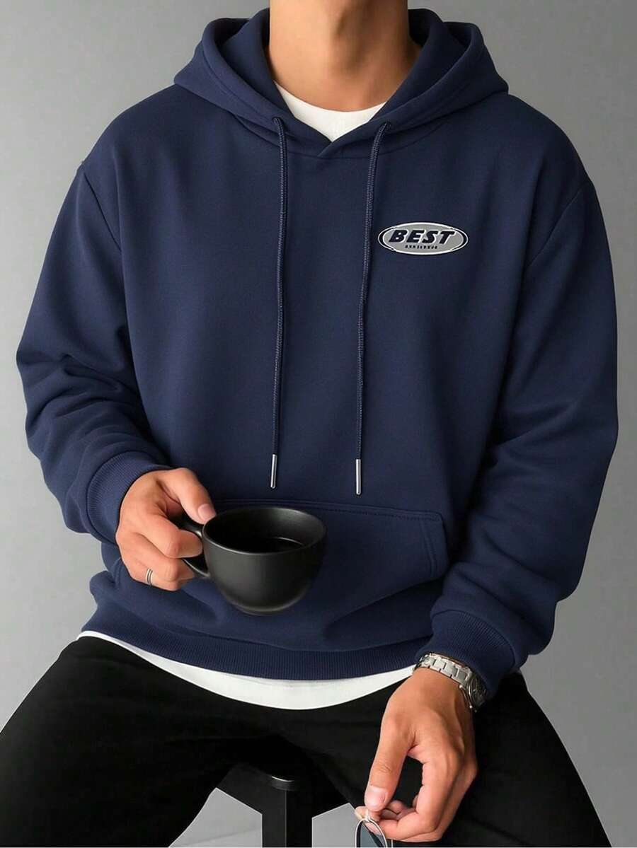 Men's Hooded Pullover Sweatshirt, Casual Loose, Thickened And Warm Inside, Suitable For Autumn And Winter, Perfect For Layered - Navy Blue - View 1