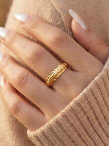 1 par de anillos de cobre gruesos con banda ancha y grabado floral vintage, adecuados para uso diario de mujeres, como regalo o para asistir a fiestas y festivales - Dorado - Ver 3