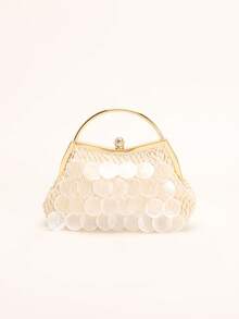 1 pieza Clip para bolso decorado con rebanada de concha natural beige con diamante incrustado, bolso de mano de lujo hecho a mano con rebanada de concha de sirena, diseño de malla de rombos, adecuado para uso diario, boda, fiesta y vacaciones (las grietas y defectos normales en las rebanadas de concha son aceptables) - Beis - Ver 6
