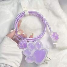 5pcs Cat Paw Design Charging Cable Protector Sleeve, Compatible With Apple 18W/20W Fast Charging, Cute Protective Cover In Purple, Pink & Blue - Pink - View 4