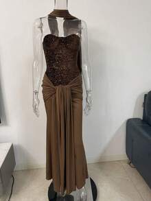 New Strapless Long Party Dress With Combination Neckline - Brown - View 3