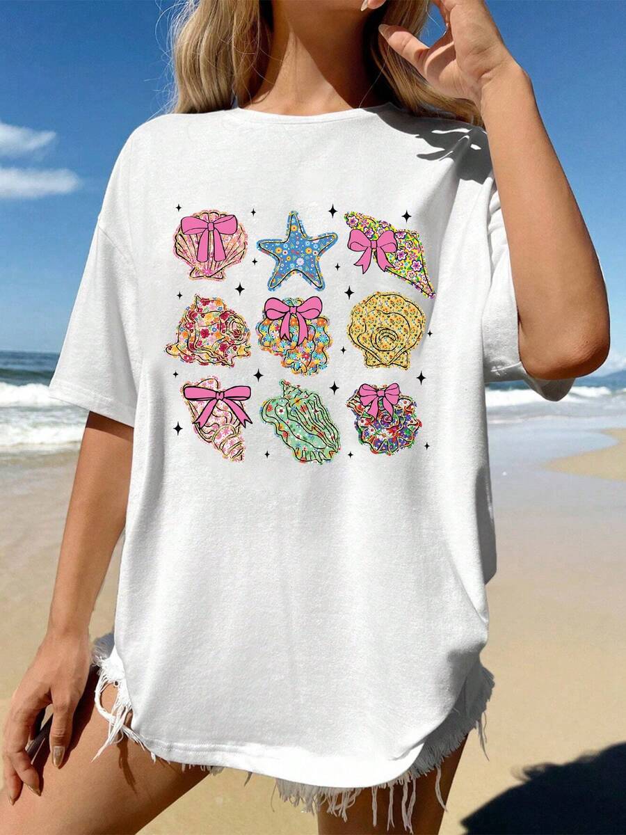 Camiseta de playa de manga corta casual de las mujeres - estampado de concha tropical y estrella de mar, top de verano transpirable con diseño de estrella del mar y concha, camiseta de cuello de tripulación lavable a máquina adecuada para viajes a la playa y uso diario