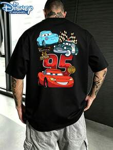 Disney License - Motorsport Lightning McQueen 95 Printed T-Shirt, Motorsport Road Racing T-Shirt, Men's Summer Short Sleeve Shirt, High-Quality 100% Cotton Short Sleeve T-Shirt, Soft Breathable, Relaxed, Breathable Summer Casual Short Sleeve, Gender, Motorsport Lovers, Couples, Disneyland Travel Dress, Everyday Wear, Street Wear, Vacation, Campus - màu đen - Xem 3