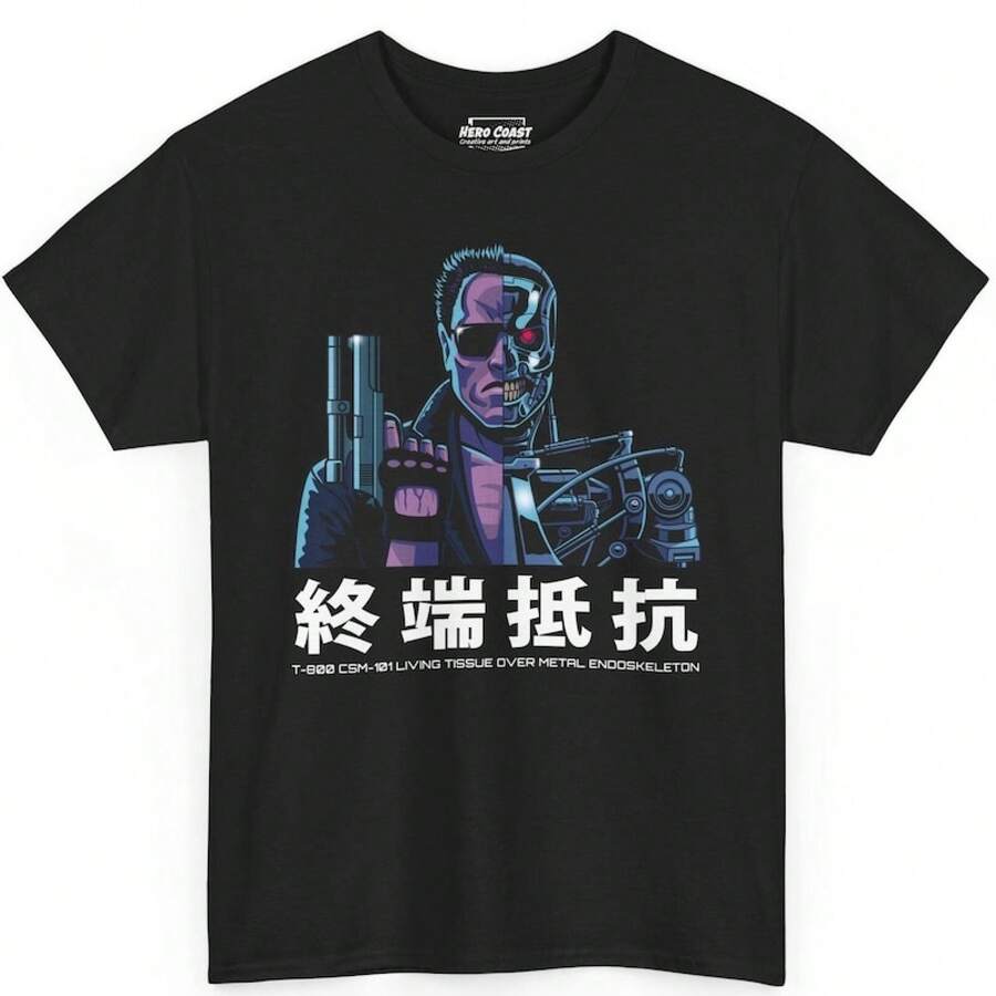 Women's Unisex T-Shirt, Pure Cotton, Sci-Fi Terminator T-800 Endoskeleton, Present And Future Kanji Style, Summer T-Shirt, Blouse, Basic Tops, Creative Design, Outdoor Game... - Black - View 1