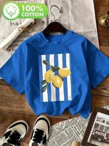 100% Pure Cotton Lemon Pattern Printed Versatile Women's Short-Sleeve T-Shirt (7)100% Cotton - 藍色1 - 查看 3