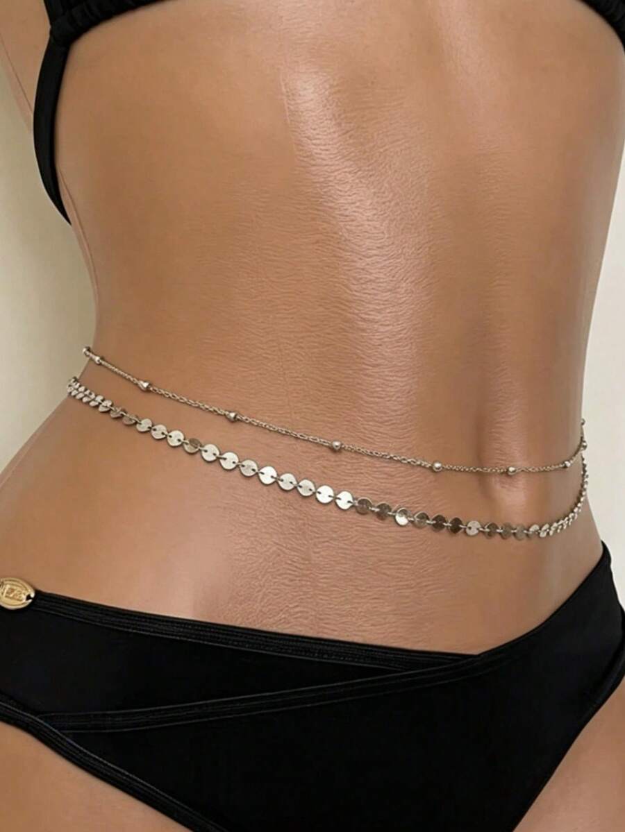 2pcs Sequin & Pearl Double-Layer Waist Chain, Fashionable Sexy Beach Holiday Party Body Chain, Suitable For Daily Wear & Gift - Silver - View 1