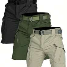 X9 3pcs Set Quick-Dry Tactical Shorts For Men, Knee-Length Pants, Quick-Drying, Breathable, Stretch Cargo Pants, Belt Not Included - Black Green Khaki - View 1