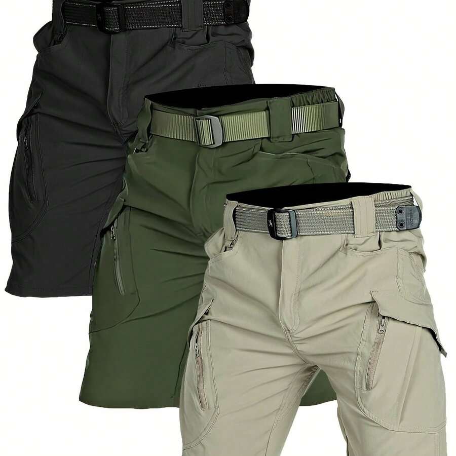 X9 3pcs Set Quick-Dry Tactical Shorts For Men, Knee-Length Pants, Quick-Drying, Breathable, Stretch Cargo Pants, Belt Not Included - Black Green Khaki - View 1