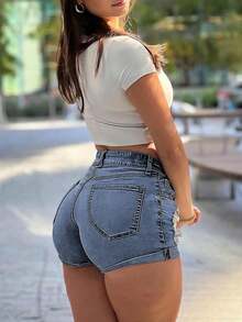 Y2K Streetwear Summer Hot Denim Shorts - Distressed With Rolled Up Hems - Medium Wash - View 4