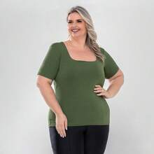 Set Of 2 Women's Basic Comfortable Short-Sleeve Square Neck Plus Size Blouses - Green-brown - View 3