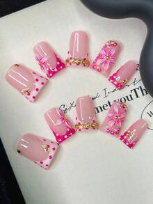 Bộ 10 móng giả Y2K Nails Chic Duckbill - Làm thủ công, móng màu hồng, móng kiểu Pháp màu hồng, thiết kế hoa 3D và nhẫn đính đá vàng 3D thủ công, nghệ thuật móng tay trang sức 3D, thiết kế chấm bi hồng và hoa nhỏ màu hồng vẽ tay. - Nhiều màu - Xem 10