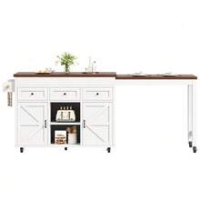 Kitchen Island With Storage, Extendable Dining Table/Bar (131.5-210 Cm), 360° Rotating, With Drawers And Cabinets, Versatile Countertop For Kitchen, Dining Room And Small Spaces, Black. - White - View 11
