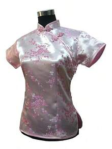 Blusa de satén de seda china tradicional rosa para mujer, camisa Vintage de verano, Tops, ropa de flores, S, M, L, XL, XXL, WS012 - Light Pink - Ver 4