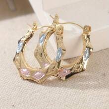Gold Wavy Hoop Earrings With Pink And Blue Enamel Rhombus Decor, Sweet And Elegant Women's Accessory, Luxury Jewelry - Gold - View 6
