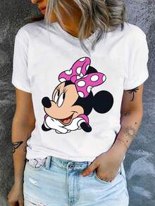 Disney 1 pieza Camiseta de manga corta con estampado gráfico de Minnie Mouse autorizada por IP, cuello redondo, material elástico y de fácil cuidado, adecuada para uso diario, camiseta de manga corta de mujer de moda, ropa casual - Blanco - Ver 3