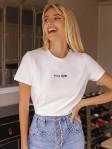 Short-Sleeved Letter Print T-Shirt - White - View 6