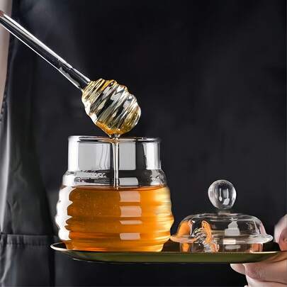 1pc Glass Honey Jar With Spoon Lid | Transparent High Borosilicate Glass Honey Container | Bee Decor | Airtight Storage For Honey, Syrup And Jam