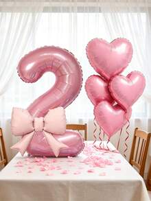 6pcs/Set Pink Number & Bow Tie Party Balloons, Includes Heart Balloons, 0-9 Number Balloons, Suitable For Birthday Party, Celebration, Anniversary, Holiday, Backdrop, Outdoor Party, Atmosphere Decoration, Photo Decor - Pink - View 7