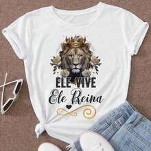 Blusa Unisex de Manga Corta, Talla Grande, Neutral, 100% Algodón, Estampado de León, Casual, Cuello Redondo, Disponible en Brasil, Envío en 24h, Colores Blanco y Negro - J2G - Ver 2