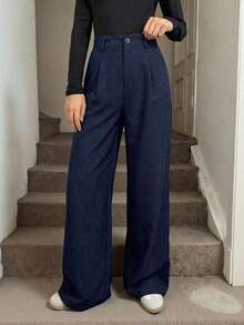 Pantalones plegados elegantes con bolsillos para mujeres maestras, pantalones de otoño/invierno de cintura alta, pantalones de pierna ancha, pantalones sueltos, pantalones holgados, pantalones de negocios profesionales para mujeres, pantalones - Azul marino - Ver 3