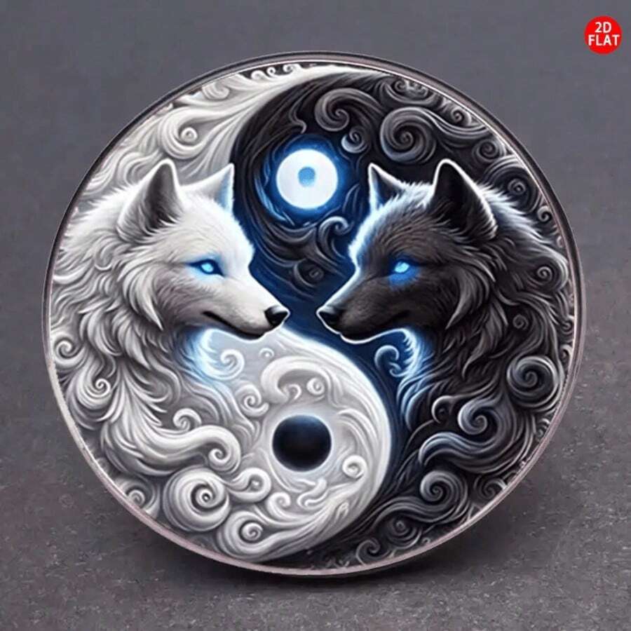 2D平面阴阳狼胸针,独特服饰徽章,创意翻领别针,适用于背包、衣服、衣领和帽子,多功能时尚配饰,增添仪式感,瞬间点亮造型,2D平面 - A - 查看 1