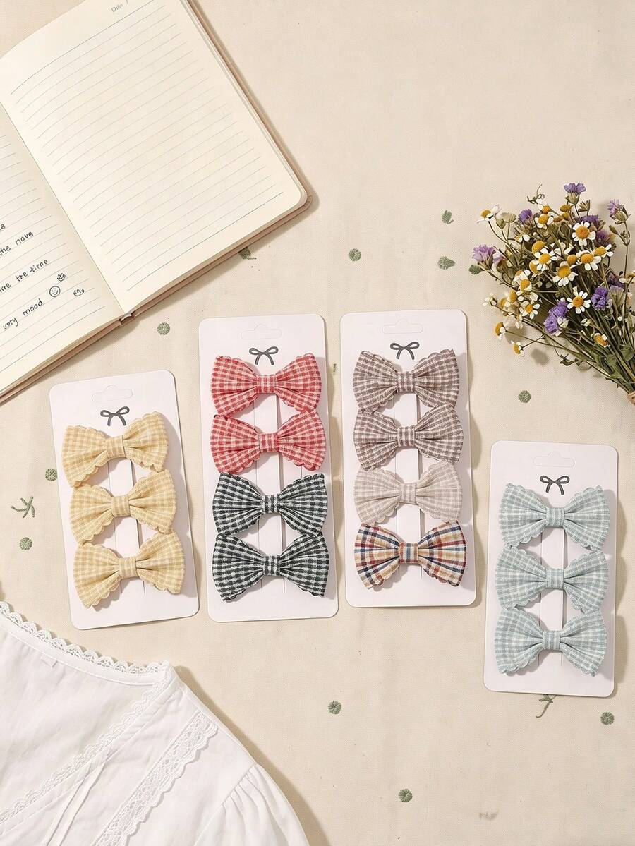 4pcs/Set Plaid Ruffle Bow Hair Clips For Girls, Full Covered Fabric Non-Damaging Duck Clips, Collegiate Style Suitable For Daily Looks, Gift For Birthday, Party, Friendship, School - Multicolor - View 1