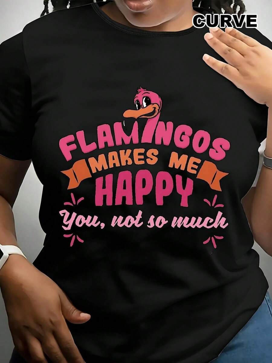 Wo'S Funny Flamingo Saying T-Shirt | Black T-Shirt With Pink Lettering, Soft Elastic Crew Neck, Lightweight, Perfect Gift For Bird Lovers, Playful Outfit, Bold Lettering Design, Comfortable Fit, Short Sleeves, Casual Wear - 黑色 - 查看 1