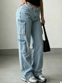 Women's Y2K Streetwear Multi-Pocket Straight Leg Cargo Jeans With Flap Pockets Casual Spring - Light Wash - View 4