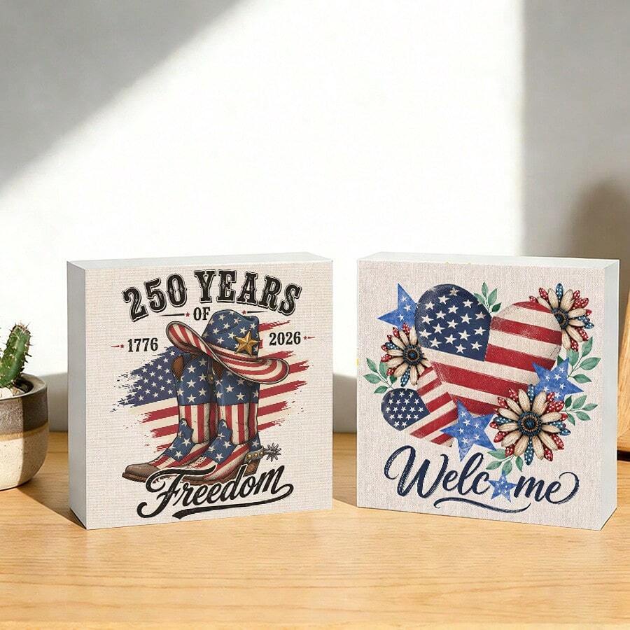 1pc 250 Years Of Freedom Pvc Box Sign Desk Decor, Independence Day Patriotic Boots Hat Retro Decorative Block Box Sign Decorations For Home Office Shelf Table Decor - Square - View 1