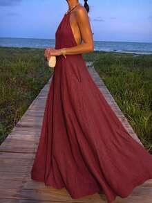 Women's Sleeveless Dress With Pockets Party Elegant Summer - Burgundy - View 4