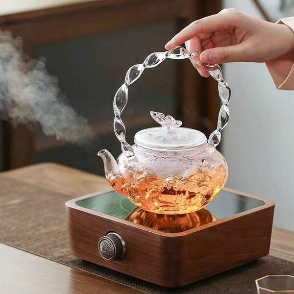 Handmade Pink Glass Butterfly Lid Glass Teapot, Floral Handle, Thick Heat-Resistant Glass Teapot For Brewing Flower Tea