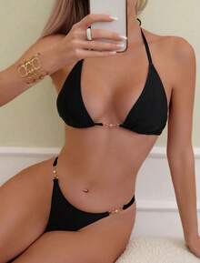 Sexy Lace-Up Bikini For Beach Vacation Swimwear - Black - View 4
