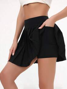 3-Piece Women's Solid Color Pleated Skirt Mini Skirt High Waisted Women's Sports Skirt With Pockets For High Elasticity, Comfortable Riding, Running, Training Shorts, Moisture Wicking - Multicolor - View 2