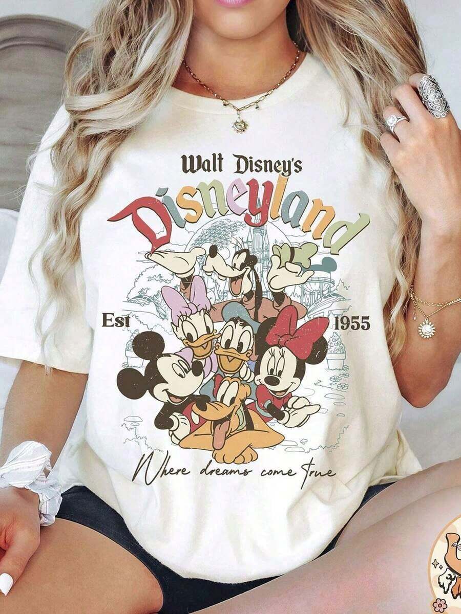 Disney Cartoon 1955 Vintage Paradise Printed T-Shirt, Suitable For Daily Wear, Easy To Wear In Summer, Micro-Elastic, Soft Round Neck Casual Daily Shirt, Round Neck Summer Sweatshirt, Both Men And Women, Loose Version, Holiday Gift. - 白色 - 查看 1