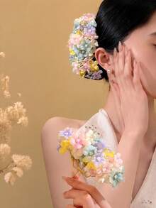 1件2026春夏新款彩色多巴胺布艺花朵发夹，田园甜美浪漫风格，手工优雅花朵发饰，用途广泛，适合度假、旅行、拍照、日常通勤、约会、侧边发髻造型，优雅迷人，节日、生日等场合皆宜。 - 多色2 - 查看 3