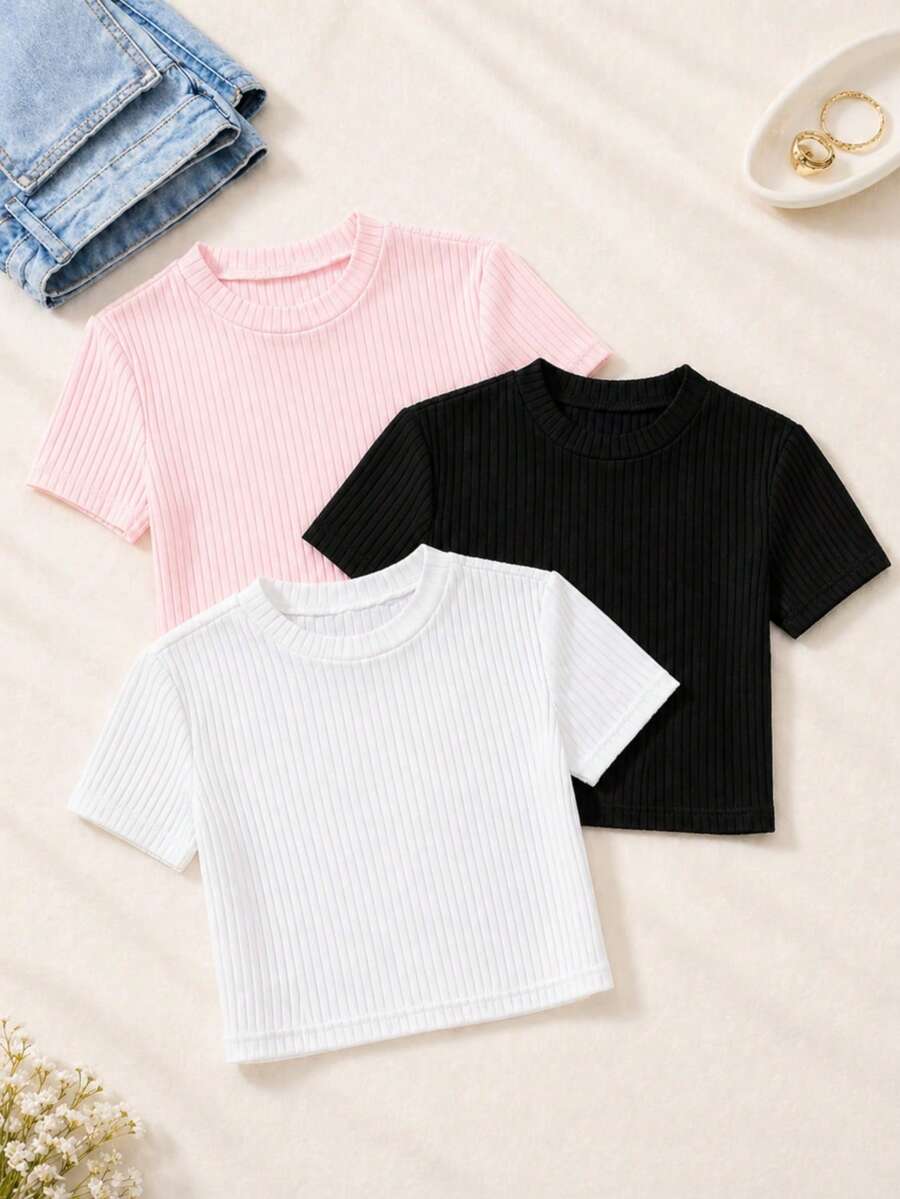 3pcs Women's Summer Ribbed Crop T-Shirt Set, Breathable, Stretchy, Soft & Comfortable Daily Basic Tops - Pink - View 1