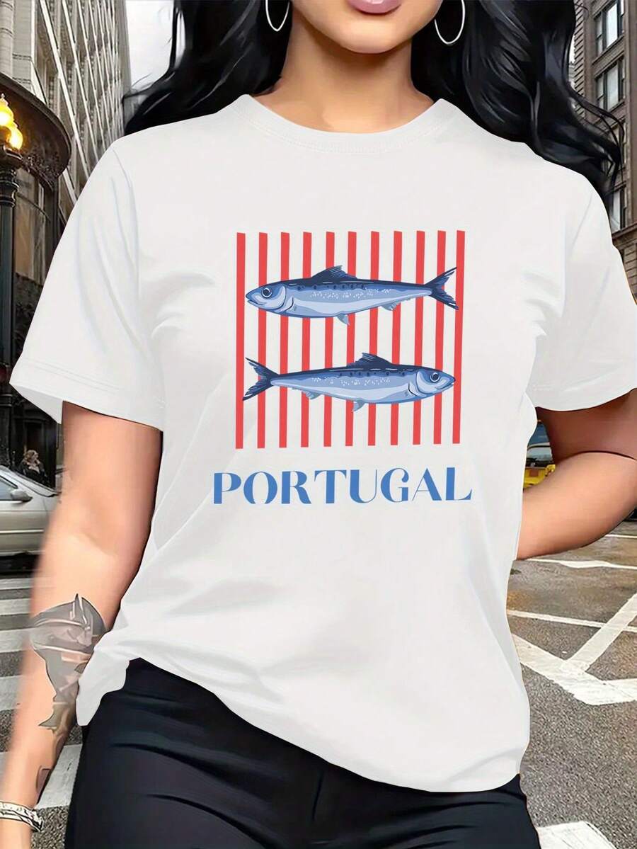 Visual Experience Of The Culture And Festive Tradition Of The Marine Diet, Red Striped Background With Sardine Print, Modern Fashion, Casual Round Neck Short Sleeve T-Shirt For Women, Versatile And Suitable For Leisure Travel And Holidays 6142 - 白色 - 查看 1