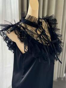 Gothic Style Angel Wings Lace Detachable Collar, Adjustable Ribbon, Elegant Black Lace Decorative Collar With Ruffled High Neck, Angel Wings Embroidery Sheer Mesh, Suitable For Daily Wear, Party, Holiday - Black - View 4