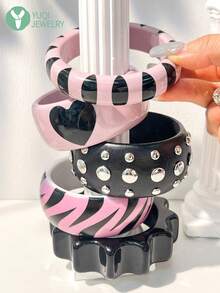 1pc Black & Pink Heart-Shaped Bracelet, Resin Material Y2K Goth Style With Stripe & Glitter Decor, Unique Fashion Accessory Suitable For Women And Girls - Multicolor - View 2