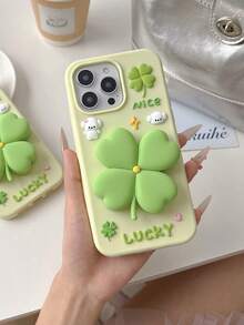 Casing Holder Ponsel Motif Daun Semanggi Empat, Cocok Untuk iPhone 15 Pro Max/14 Pro Max/13 Pro Max/16 Pro Max, Tahan Guncangan, Kreatif, Minimalis, Elegan - Hijau - View 1