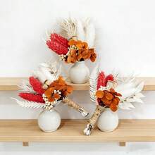 9pcs Boho Dried Flower Boutonniere - Orange Red Hydrangea & Pampas Grass Lapel Pin For Rustic Wedding, Fall Bridal Party, Prom & Formal Events - 9Pcs - View 7