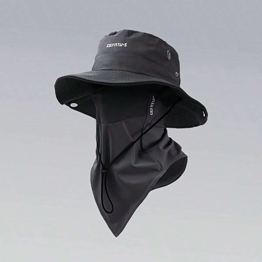 (Hat + Face Mask) Outdoor Wide-Brimmed Sun Hat, Solid Color, Foldable Brim, Beach Fishing Hat, Suitable For Beach Fishing, Hiking, Outdoor Work, Breathable, Drawstring Closure, Elastic Breathable Mesh Ice Silk Face Mask Can Block Mosquitoes.