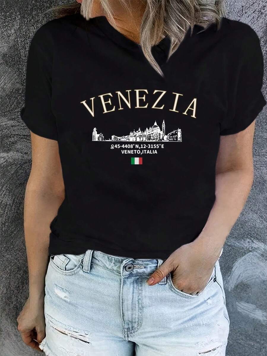 Camiseta de impresión de Venezia de mujer - camiseta de manga corta con cuello de tripulación con canal veneciano y puntos de referencia icónicos, camiseta compatible con blusa con tema italiano adecuada para el verano, el uso de primavera, lavable en máquina para viajes y trajes cotidianos