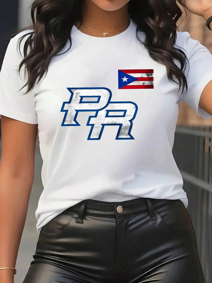Women's Puerto Rico PR Flag And PR Letters T-Shirt - Soft Breathable Casual Short Sleeve Crew Neck T-Shirt With Puerto Rican Pride Design, 95% Polyester/5% Spandex, PR Letters And Flag Print For Gym, Workout, Casual Wear, 180g - 白色 - 查看 1