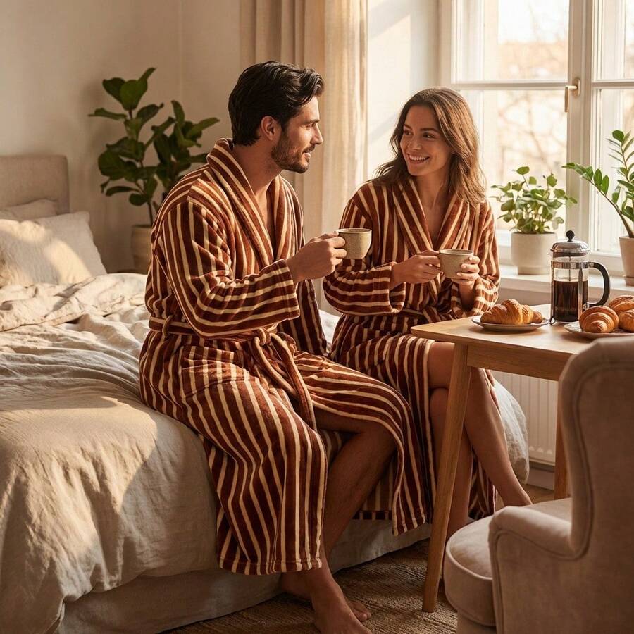 Áo choàng tắm dài kẻ sọc bằng vải flannel dày 400gsm mới, đồ ngủ mặc nhà unisex cho mùa thu/đông.