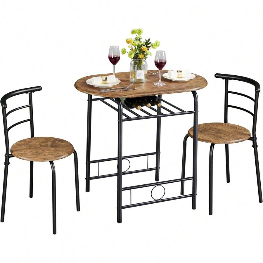 Modern 3 Piece Dining Table Chairs Set For Small Space Kitchen Breakfast Nook With Steel Legs Storage White Compact Dining Furniture - Brown - View 1