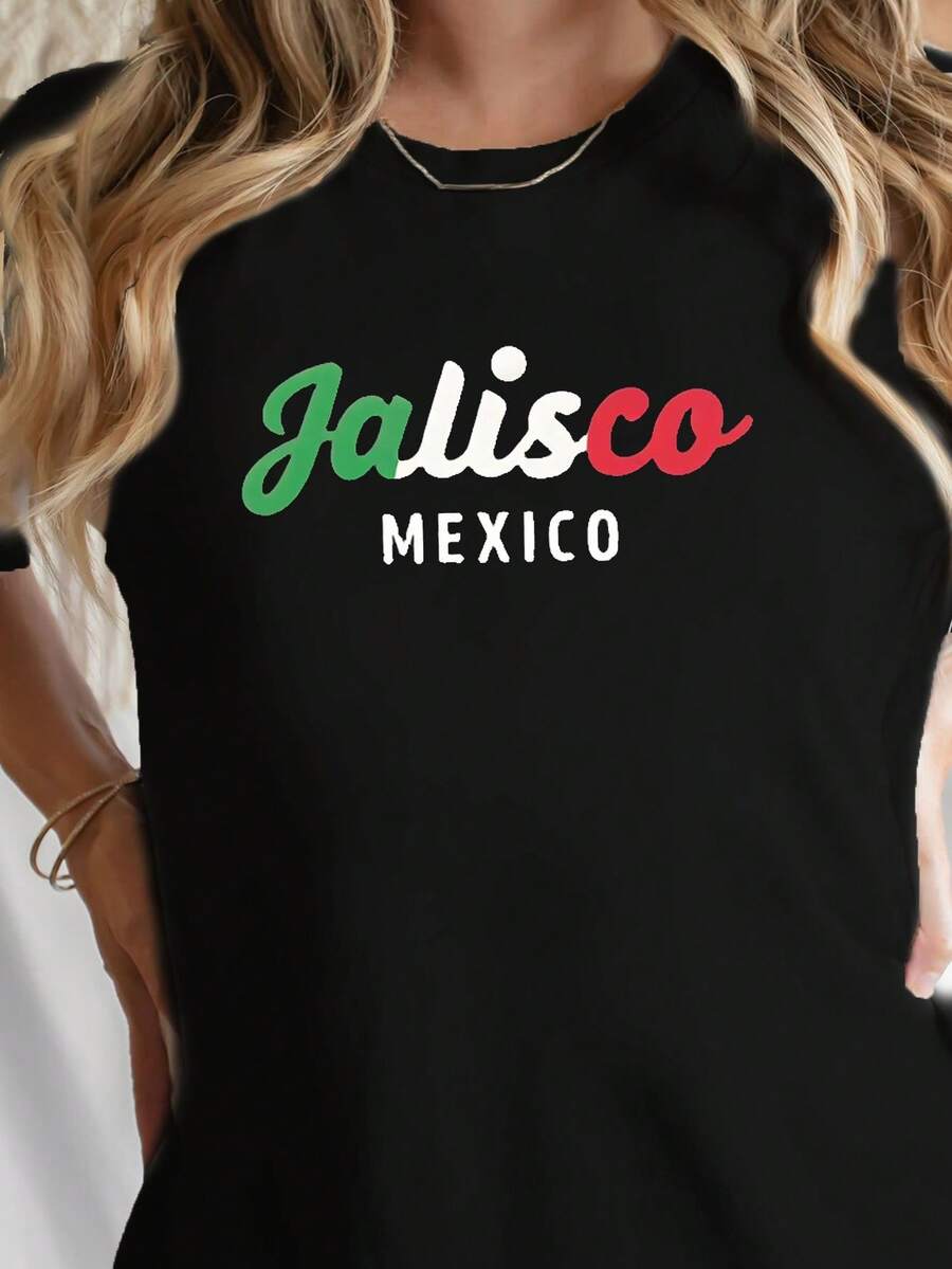 Camiseta de cuello de tripulación de manga corta de mujer con los colores de la bandera de México Jalisco, perfecta para la primavera y el verano